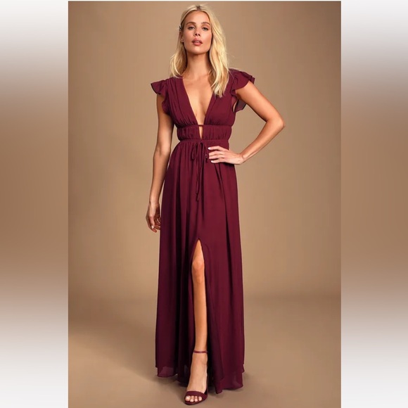 Lulu’s I'm All Yours Burgundy Maroon Ruffled Maxi Dress - Picture 1 of 9